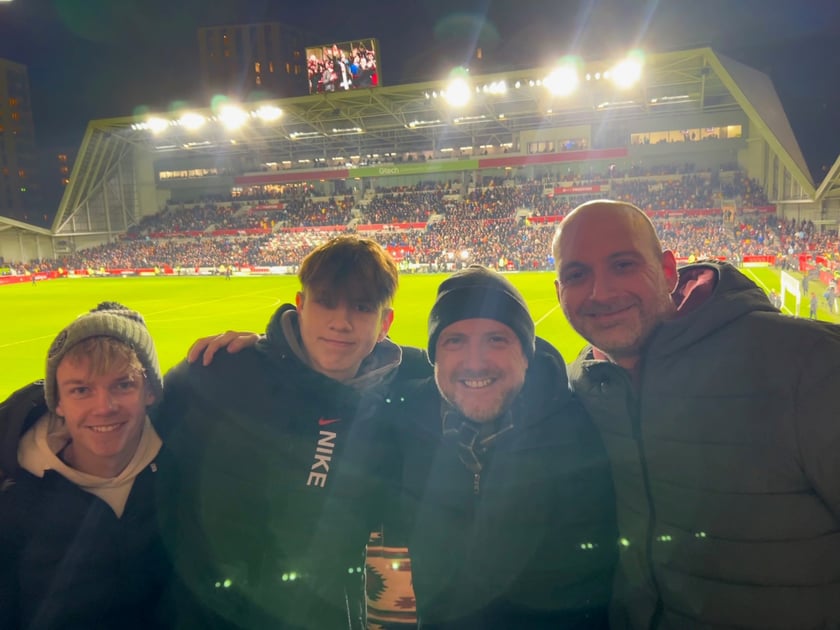 Tom, Jonny, Matt and Dan watching Brentford FC at the Gtech Community Stadium